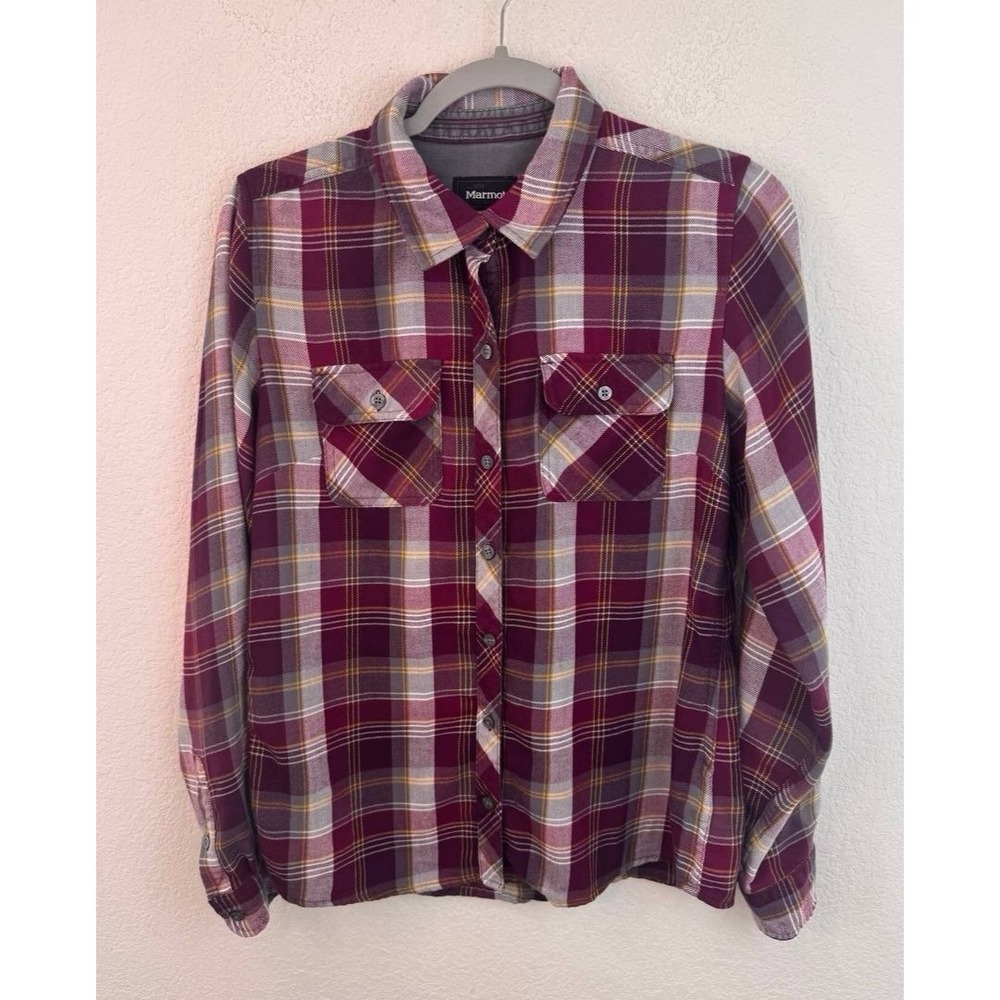 Marmot Flannel Button Up Shirt Women's M Purple Plaid Outdoor Hiking Western